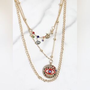 NEW Evil Eye Layered Charm Necklace Gold Red Black Silver Charms